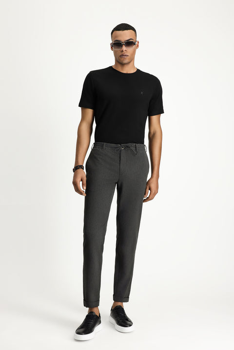 Medium Anthracite 7 Drop Super Slim Fit Extra Narrow Cut Elastic Waist Drawstring Wavy Lycra Classic Fabric Trousers