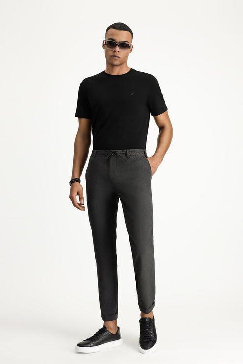 Medium Anthracite 7 Drop Super Slim Fit Extra Narrow Cut Elastic Waist Drawstring Wavy Lycra Classic Fabric Trousers