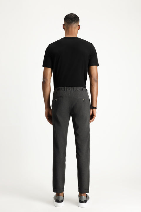 Medium Anthracite 7 Drop Super Slim Fit Extra Narrow Cut Elastic Waist Drawstring Wavy Lycra Classic Fabric Trousers