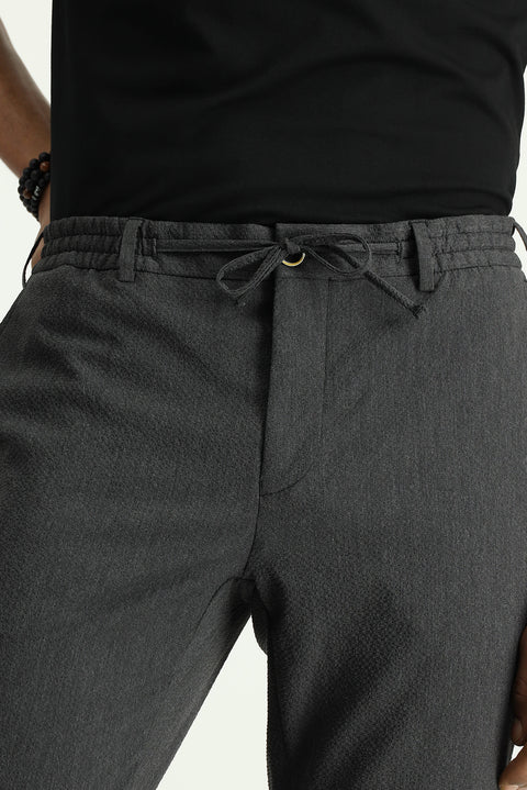 Medium Anthracite 7 Drop Super Slim Fit Extra Narrow Cut Elastic Waist Drawstring Wavy Lycra Classic Fabric Trousers