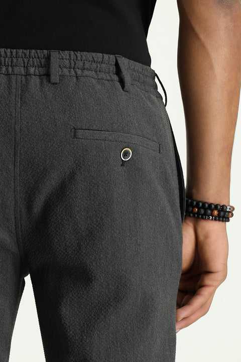 Medium Anthracite 7 Drop Super Slim Fit Extra Narrow Cut Elastic Waist Drawstring Wavy Lycra Classic Fabric Trousers