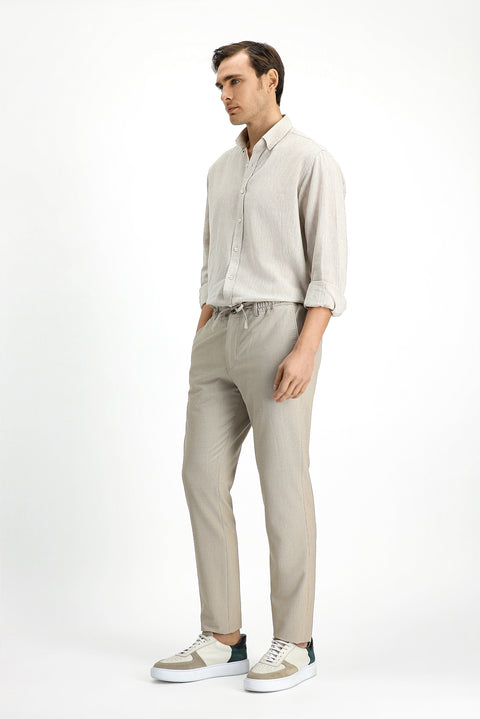 Light Mink 7 Drop Super Slim Fit Extra Narrow Cut Elastic Waist Drawstring Wavy Lycra Classic Fabric Trousers