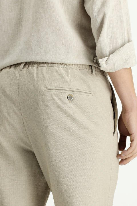 Light Mink 7 Drop Super Slim Fit Extra Narrow Cut Elastic Waist Drawstring Wavy Lycra Classic Fabric Trousers