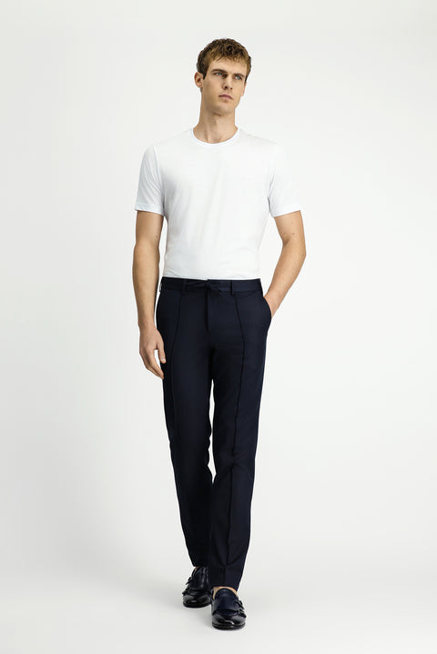 Dark Navy 7 Drop Slim Fit Narrow Cut Ribbed Drawstring Waist Classic Fabric Trousers