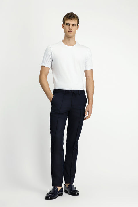 Dark Navy 7 Drop Slim Fit Narrow Cut Ribbed Drawstring Waist Classic Fabric Trousers