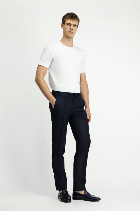 Dark Navy 7 Drop Slim Fit Narrow Cut Ribbed Drawstring Waist Classic Fabric Trousers