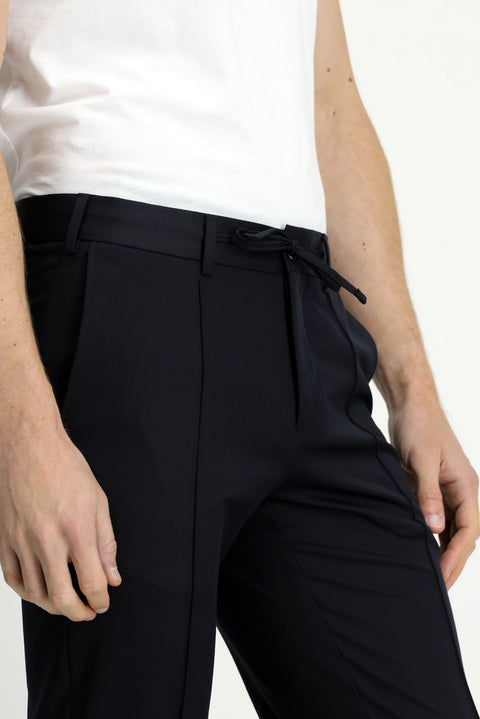 Dark Navy 7 Drop Slim Fit Narrow Cut Ribbed Drawstring Waist Classic Fabric Trousers