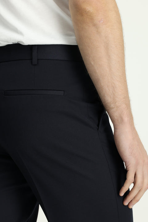 Dark Navy 7 Drop Slim Fit Narrow Cut Ribbed Drawstring Waist Classic Fabric Trousers