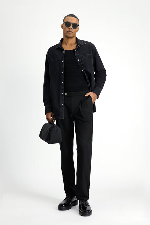 Black 6 Drop Regular Fit Standard Cut Buckle Pleated Classic Fabric Trousers