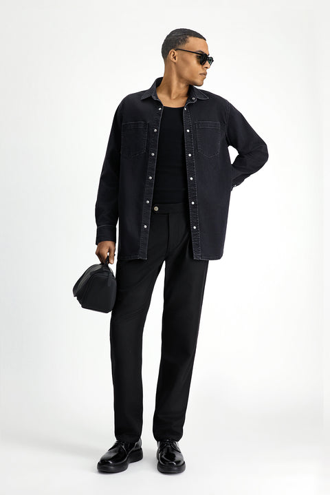 Black 6 Drop Regular Fit Standard Cut Buckle Pleated Classic Fabric Trousers