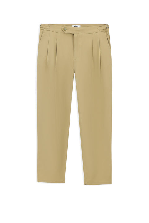 Light Beige 6 Drop Regular Fit Standard Cut Buckle Pleated Classic Fabric Trousers