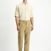 Light Beige 6 Drop Regular Fit Standard Cut Buckle Pleated Classic Fabric Trousers