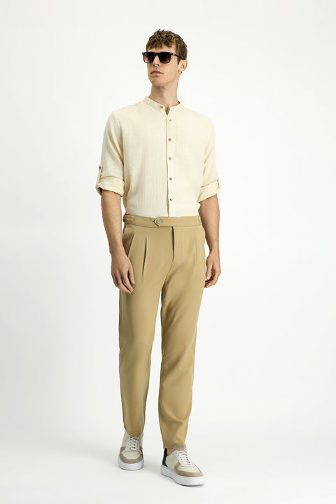 Light Beige 6 Drop Regular Fit Standard Cut Buckle Pleated Classic Fabric Trousers