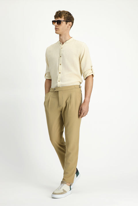 Light Beige 6 Drop Regular Fit Standard Cut Buckle Pleated Classic Fabric Trousers