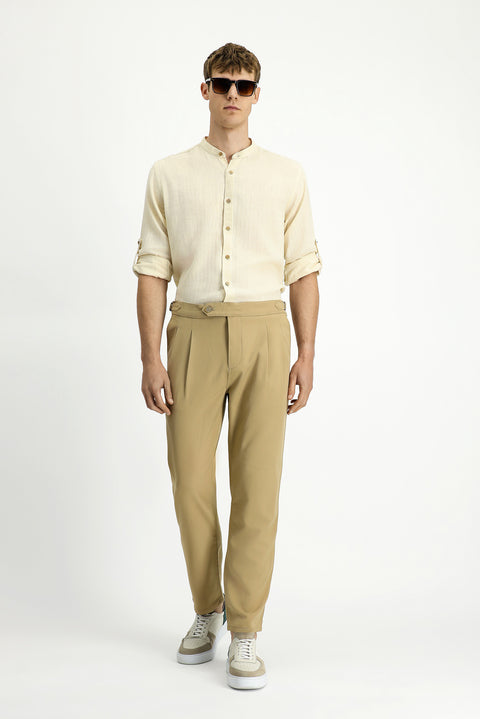 Light Beige 6 Drop Regular Fit Standard Cut Buckle Pleated Classic Fabric Trousers