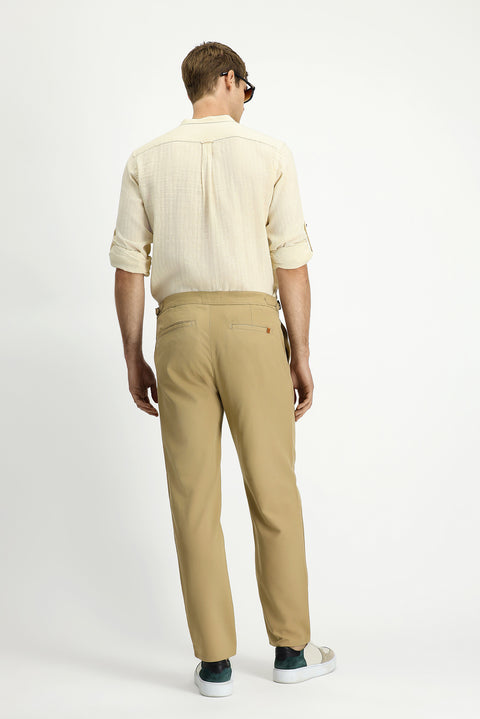 Light Beige 6 Drop Regular Fit Standard Cut Buckle Pleated Classic Fabric Trousers