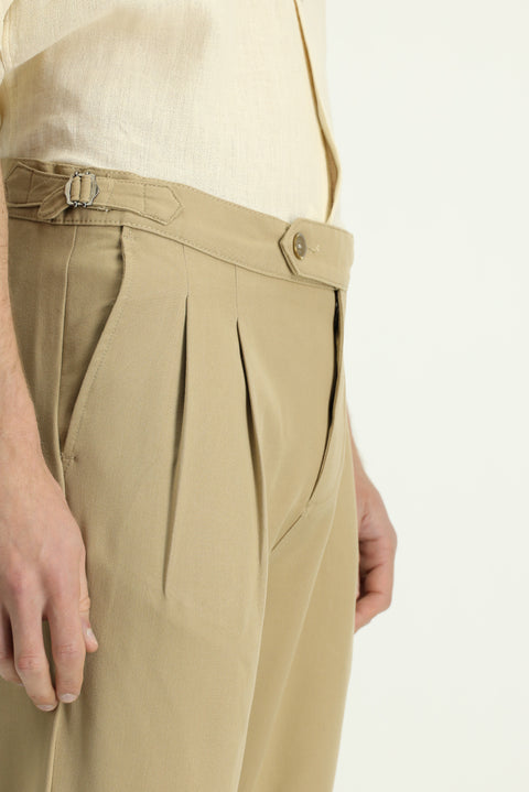 Light Beige 6 Drop Regular Fit Standard Cut Buckle Pleated Classic Fabric Trousers