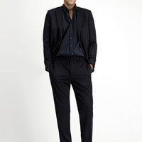 Black 7 Drop Slim Fit Narrow Cut Elastic Waist Drawstring Lycra Knit Classic Fabric Trousers