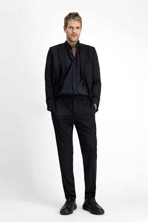 Black 7 Drop Slim Fit Narrow Cut Elastic Waist Drawstring Lycra Knit Classic Fabric Trousers