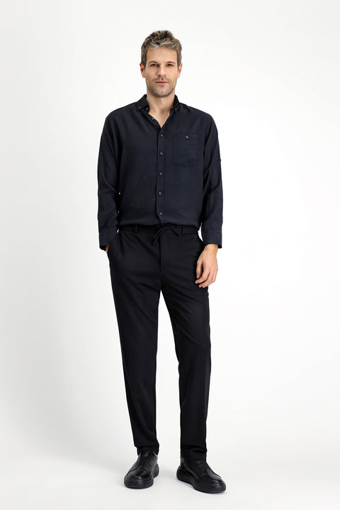 Black 4-Drop Relaxed Fit, Comfortable Cut, Elastic Waistband, Drawstring, Lycra Knit, Classic Fabric Trousers