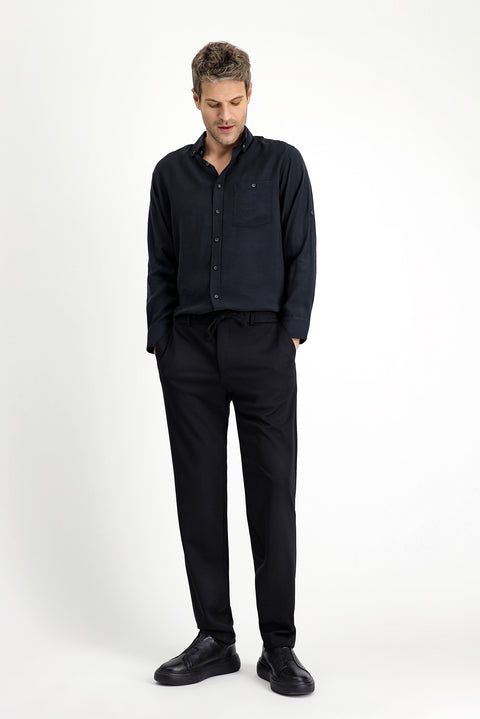 Black 4-Drop Relaxed Fit, Comfortable Cut, Elastic Waistband, Drawstring, Lycra Knit, Classic Fabric Trousers