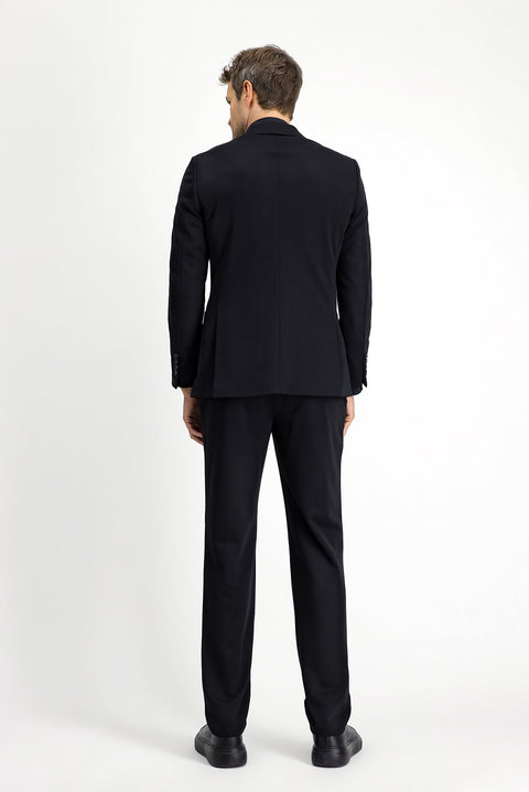 Black 4-Drop Relaxed Fit, Comfortable Cut, Elastic Waistband, Drawstring, Lycra Knit, Classic Fabric Trousers