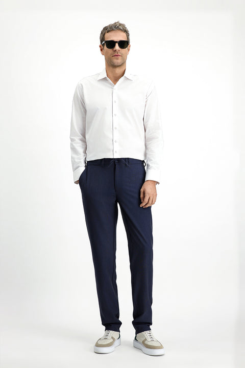 Dark Navy 6 Drop Regular Fit Standard Cut Wool-Lined Classic Fabric Trousers with Elasticated Drawstring Waist