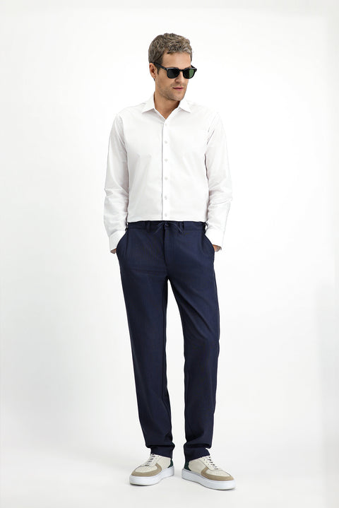 Dark Navy 6 Drop Regular Fit Standard Cut Wool-Lined Classic Fabric Trousers with Elasticated Drawstring Waist