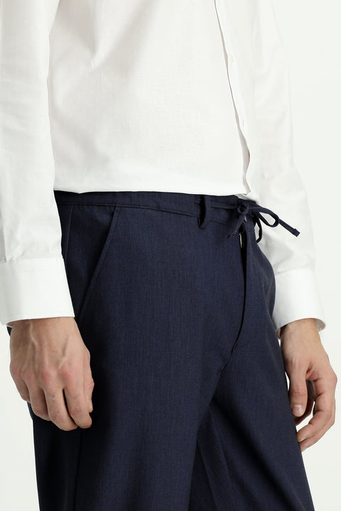 Dark Navy 6 Drop Regular Fit Standard Cut Wool-Lined Classic Fabric Trousers with Elasticated Drawstring Waist