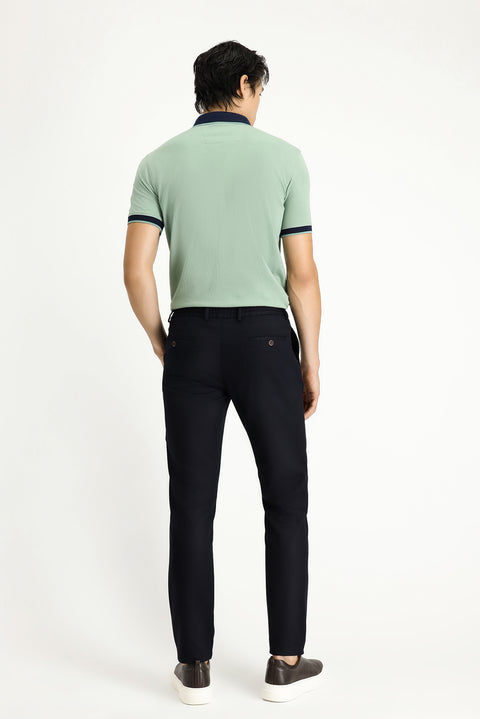 Dark Navy Blue Slim Fit Narrow Cut Elastic Waist Drawstring Stretchy Trousers