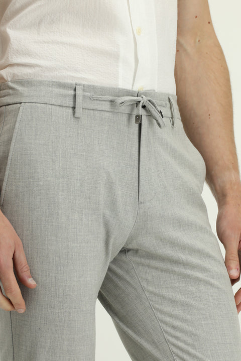 Light Grey Regular Fit Standard Cut Elasticated Waist Drawstring Stretch Trousers