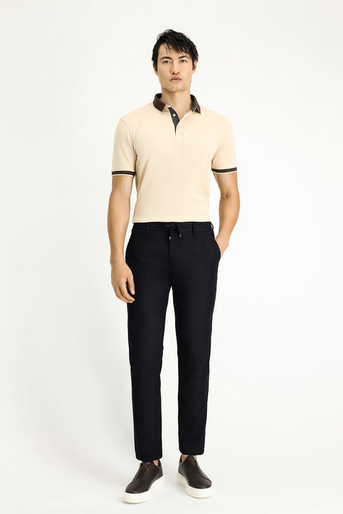 Dark Navy Regular Fit Standard Cut Elasticated Waist Drawstring Stretchy Trousers