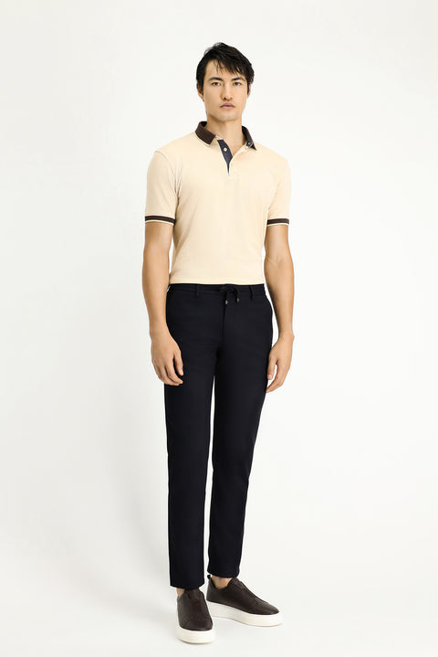 Dark Navy Regular Fit Standard Cut Elasticated Waist Drawstring Stretchy Trousers