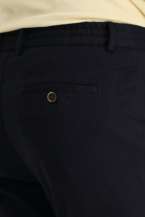 Dark Navy Regular Fit Standard Cut Elasticated Waist Drawstring Stretchy Trousers