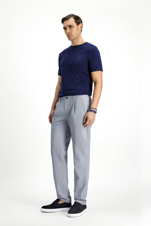 Medium Grey 6 Drop Regular Fit Standard Cut Elastic Waist Drawstring Striped Wavy Pleated Classic Fabric Trousers