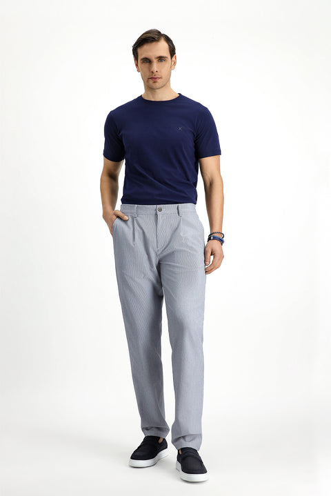 Medium Grey 6 Drop Regular Fit Standard Cut Elastic Waist Drawstring Striped Wavy Pleated Classic Fabric Trousers