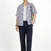 Medium Navy 6 Drop Regular Fit Standard Cut Elastic Waist Drawstring Striped Wavy Pleated Classic Fabric Trousers