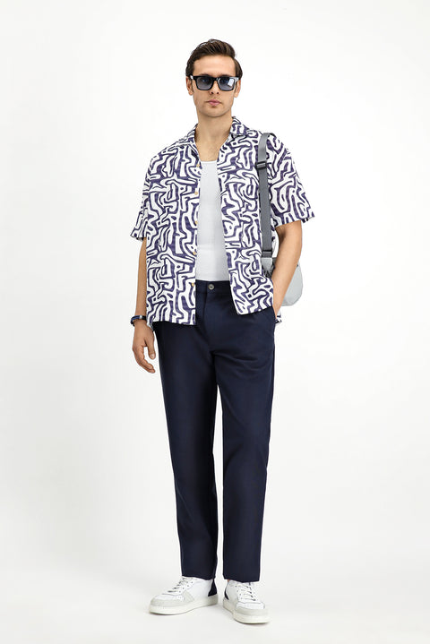 Medium Navy 6 Drop Regular Fit Standard Cut Elastic Waist Drawstring Striped Wavy Pleated Classic Fabric Trousers