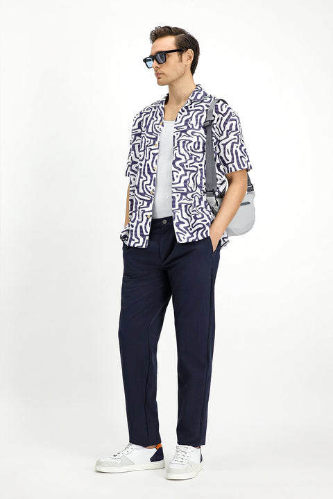 Medium Navy 6 Drop Regular Fit Standard Cut Elastic Waist Drawstring Striped Wavy Pleated Classic Fabric Trousers
