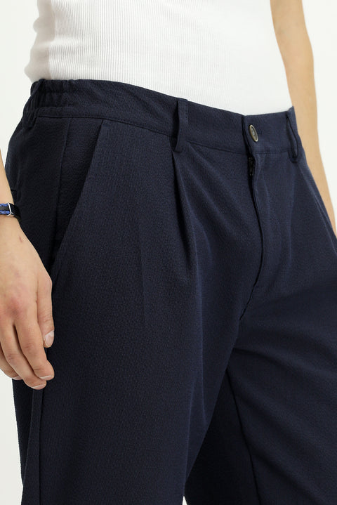 Medium Navy 6 Drop Regular Fit Standard Cut Elastic Waist Drawstring Striped Wavy Pleated Classic Fabric Trousers