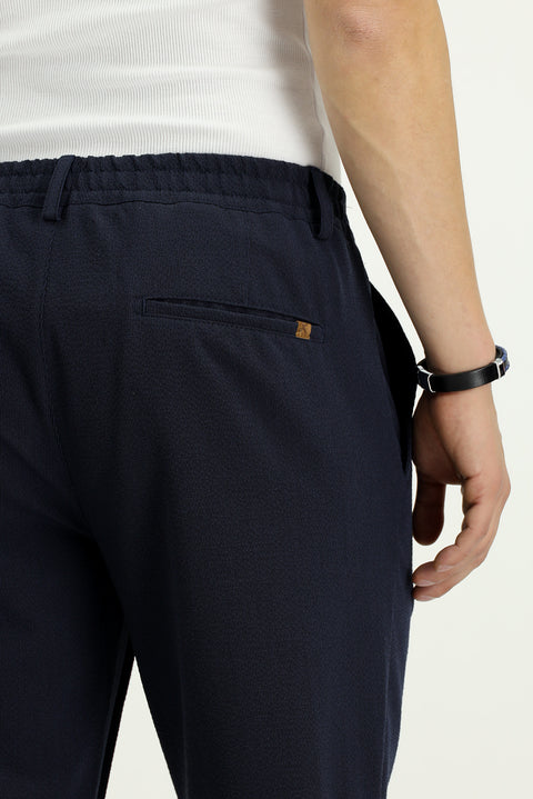 Medium Navy 6 Drop Regular Fit Standard Cut Elastic Waist Drawstring Striped Wavy Pleated Classic Fabric Trousers