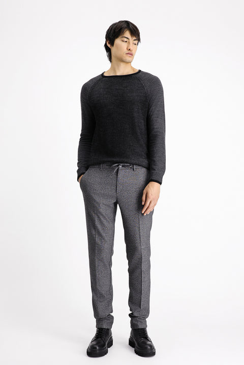 Black 7 Drop Super Slim Fit Extra Narrow Cut Elastic Waist Drawstring Patterned Lycra Classic Fabric Trousers