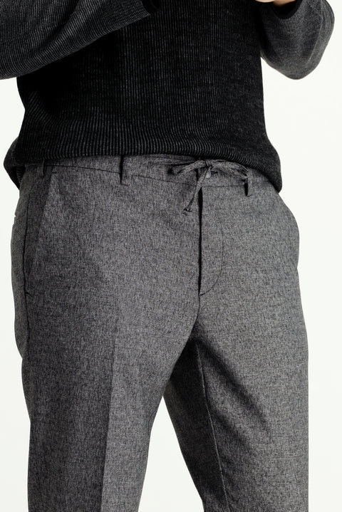 Black 7 Drop Super Slim Fit Extra Narrow Cut Elastic Waist Drawstring Patterned Lycra Classic Fabric Trousers