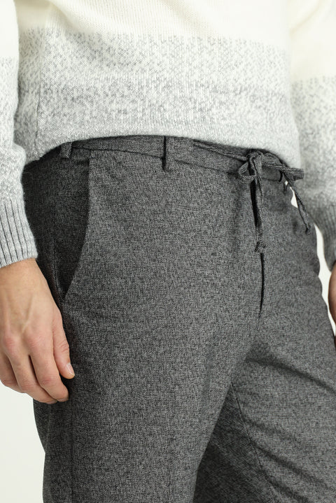 Dark Gray 7 Drop Super Slim Fit Extra Narrow Cut Elastic Waist Drawstring Patterned Lycra Classic Fabric Trousers
