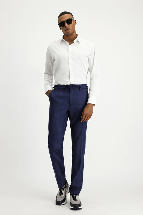 Medium Navy 7 Drop Super Slim Fit Extra Narrow Cut Elastic Waist Drawstring Patterned Lycra Classic Fabric Trousers