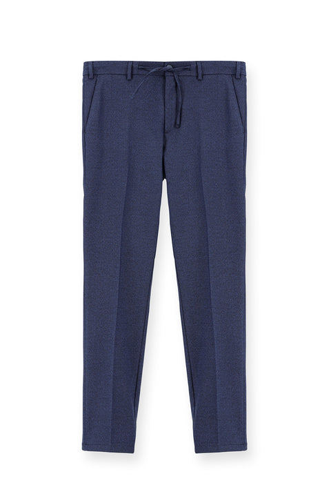 Medium Navy 7 Drop Super Slim Fit Extra Narrow Cut Elastic Waist Drawstring Patterned Lycra Classic Fabric Trousers