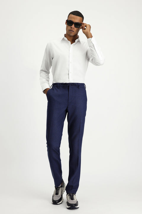 Medium Navy 7 Drop Super Slim Fit Extra Narrow Cut Elastic Waist Drawstring Patterned Lycra Classic Fabric Trousers