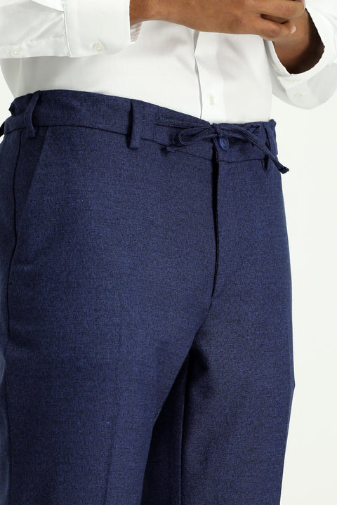 Medium Navy 7 Drop Super Slim Fit Extra Narrow Cut Elastic Waist Drawstring Patterned Lycra Classic Fabric Trousers
