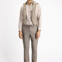 Light Brown 7 Drop Super Slim Fit Extra Narrow Cut Elastic Waist Drawstring Patterned Lycra Classic Fabric Trousers