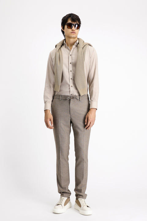 Light Brown 7 Drop Super Slim Fit Extra Narrow Cut Elastic Waist Drawstring Patterned Lycra Classic Fabric Trousers